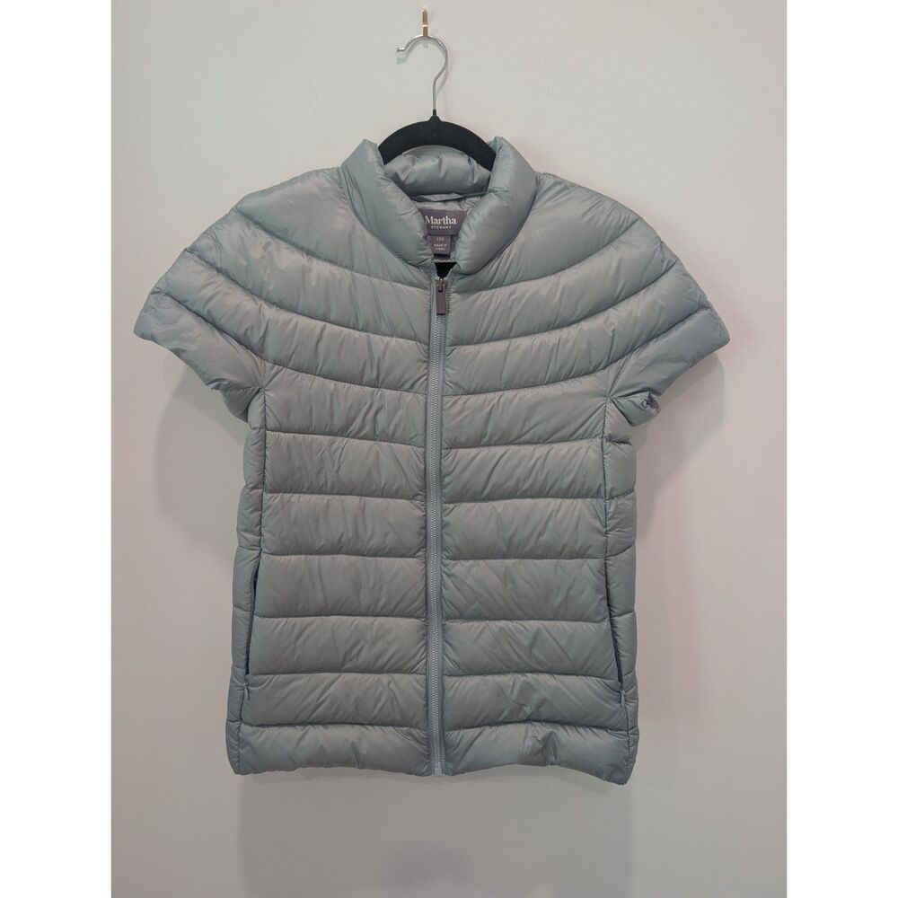 Martha Stewart Short Sleeve Down Puffer Vest Light Blue-Gray-Green Quilted Sz XS
